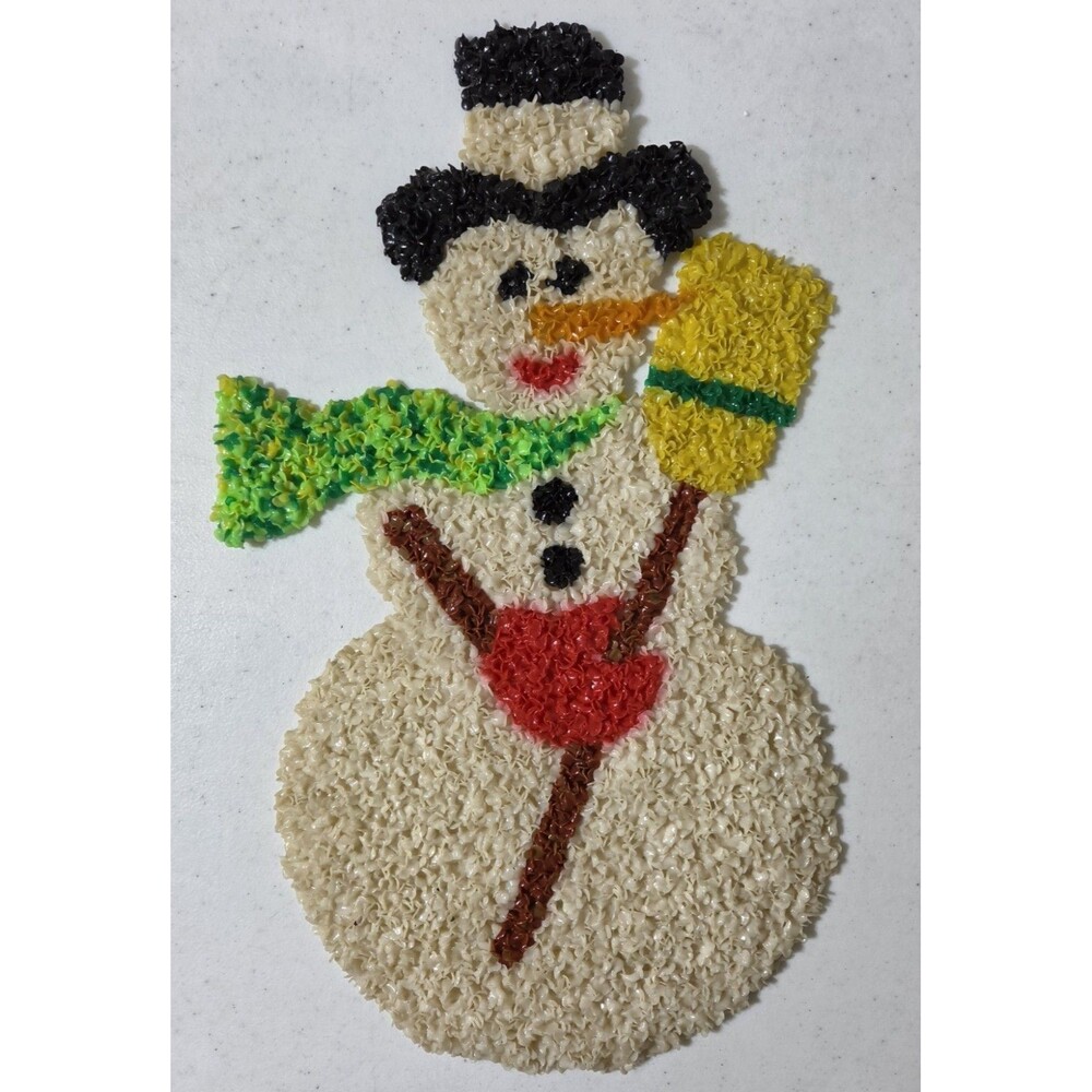 Vintage Melted Plastic Popcorn Snowman Christmas Wall Art Hanging Decor 18"
